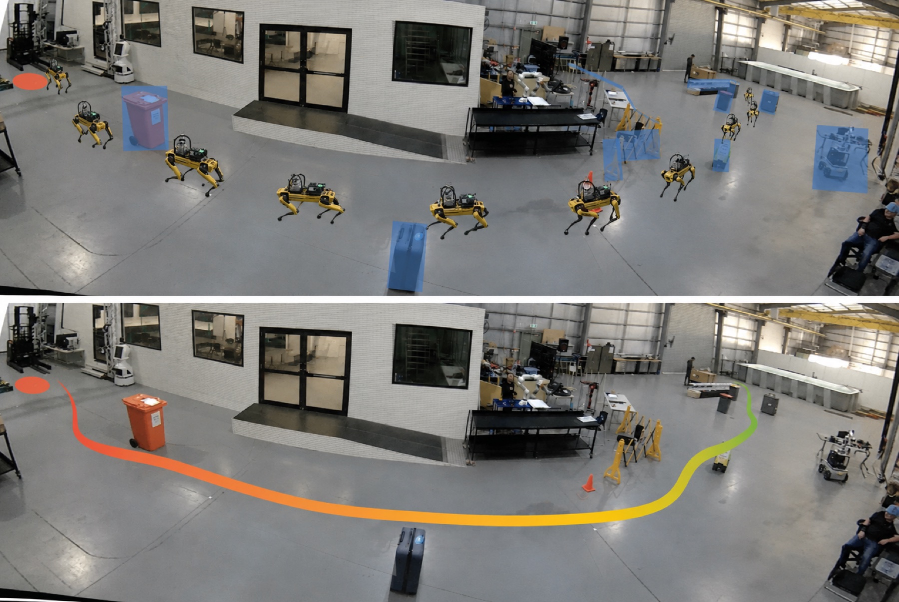 Warehouse composite: Spot weaves between obstacles from start to goal, with the path drawn as a colored line.
