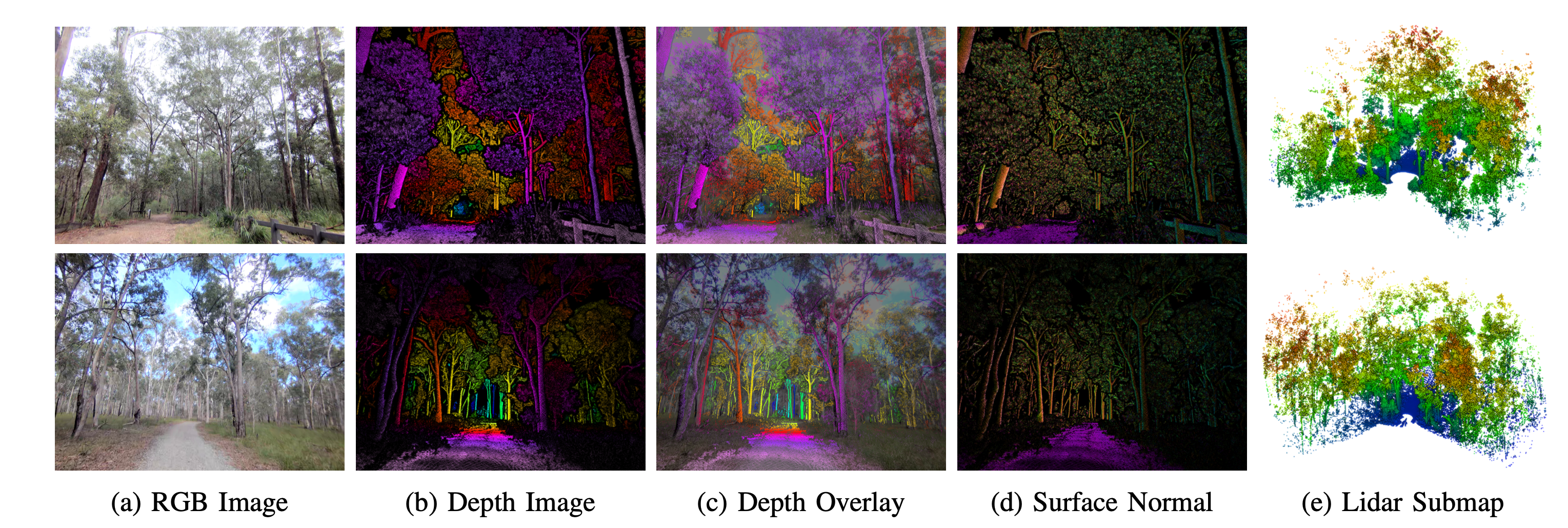 WildCross teaser image showing RGB, depth, overlay, normal, and LiDAR submap modalities.